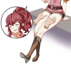 Rule 34 | 1girl, anna (fire emblem), bare legs, belt buckle, boots, brown footwear, buckle, closed eyes, commentary, english commentary, fire emblem, fire emblem awakening, high ponytail, igni tion, leather, leather belt, leather boots, nintendo, open mouth, red hair, thigh grab