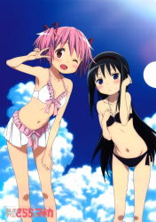 Rule 34 | 2girls, :&lt;, ;d, akemi homura, alternate costume, artist request, bare arms, bare legs, bare shoulders, bikini, black bikini, blue sky, blush, breasts, cloud, cloudy sky, copyright name, crotch seam, day, dot nose, feet out of frame, frilled bikini, frills, frown, groin, hair ribbon, halterneck, hand in own hair, hand on own chest, hand on own leg, hand up, highres, kaname madoka, leaning, leaning forward, legs apart, light rays, looking at viewer, mahou shoujo madoka magica, mahou shoujo madoka magica (anime), multiple girls, navel, official art, one eye closed, open mouth, outdoors, pink eyes, pink hair, pink ribbon, red ribbon, ribbon, ribs, shiny skin, short twintails, side-tie bottom, skinny, sky, small breasts, smile, standing, stomach, summer, sunlight, swimsuit, twintails, v, v-shaped eyebrows, v over eye, white bikini