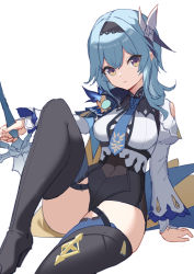 Rule 34 | 1girl, absurdres, black footwear, black hairband, black shorts, blue hair, boots, bow, breasts, clothing cutout, covered navel, duan zhu, eula (genshin impact), genshin impact, hair bow, hairband, high-waist shorts, high heel boots, high heels, highres, holding, holding sword, holding weapon, juliet sleeves, knee up, long hair, long sleeves, looking at viewer, medium breasts, parted lips, puffy sleeves, purple eyes, shirt, shorts, shoulder cutout, simple background, sitting, solo, sword, thigh boots, thighhighs, weapon, white background, white shirt