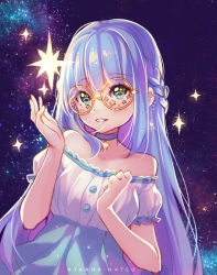 Rule 34 | 1girl, abyssal ship, aqua eyes, artist name, bare shoulders, blue eyes, blue hair, blue lips, blunt bangs, blush, borrowed character, braid, collarbone, commission, dress, french braid, frilled sleeves, frills, glasses, hand up, hyanna-natsu, light, long hair, makeup, off-shoulder dress, off shoulder, original, parted lips, round eyewear, short sleeves, smile, solo, sparkle, star (symbol), starry background, straight hair, tareme, upper body, very long hair, yellow-framed eyewear