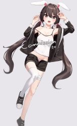 Rule 34 | 1girl, :o, animal ears, armpits, arms up, bandaged leg, bandages, bare shoulders, black eyes, black footwear, black jacket, black shorts, blouse, breasts, brown hair, bunny-chan (honyang), camisole, claw pose, cleavage, collarbone, commission, hair ribbon, highres, jacket, long hair, long sleeves, looking at viewer, low twintails, medium breasts, midriff, minn (kangjm1107), off shoulder, open clothes, open fly, open jacket, open mouth, original, panties, rabbit ears, ribbon, shirt, shoes, short shorts, shorts, single thighhigh, sleeveless, sleeveless shirt, solo, spaghetti strap, strap slip, thighhighs, thighs, twintails, underwear, very long hair, white panties, white shirt, white thighhighs