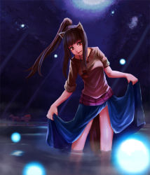 Rule 34 | 1girl, :d, animal ears, atorosu, bad id, bad pixiv id, brown hair, clothes lift, fang, holo, long hair, night, open mouth, ponytail, red eyes, skirt, skirt hold, skirt lift, smile, solo, spice and wolf, tail, wading, water, wolf ears, wolf tail