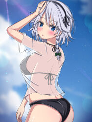 1girl black_hairband blue_eyes blue_sky blush breasts cloud commentary_request from_side grey_hair hairband highres izayoi_sakuya large_breasts looking_at_viewer medium_hair outdoors rimasu71 see-through see-through_shirt shirt sky solo touhou upper_body