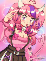 Rule 34 | 1990s (style), 1girl, ahoge, bell, belt, black belt, black skirt, blue background, blush, bow, breasts, bubble background, cleavage, cresscin, fangs, hair ornament, heart, heart hair ornament, highres, horns, index finger raised, ironmouse, large breasts, long hair, long sleeves, looking at viewer, multicolored hair, neck bell, off-shoulder shirt, off shoulder, pink background, pink hair, pink shirt, purple eyes, purple hair, raised eyebrow, retro artstyle, shirt, skirt, smile, sparkle, standing, suspender skirt, suspenders, tail, tongue, tongue out, twintails, two-tone background, two-tone hair, virtual youtuber, vshojo