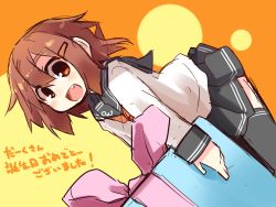 Rule 34 | 10s, 1girl, :d, box, brown hair, fang, gift, gift box, hair ornament, hairclip, ikazuchi (kancolle), kantai collection, leaning forward, md5 mismatch, nanateru, open mouth, resized, short hair, skirt, smile, solo, thighhighs