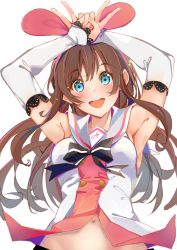 Rule 34 | 1girl, :d, armpits, arms up, blue eyes, brown hair, commentary, detached sleeves, double v, english commentary, eyes visible through hair, highres, kizuna ai, kizuna ai inc., lace-trimmed sleeves, lace trim, long hair, looking at viewer, midriff peek, multicolored hair, navel, open mouth, pink hair, sailor collar, simple background, smile, solo, streaked hair, sweat, two-tone hair, upper body, v, virtual youtuber, white background, white sailor collar, xhunzei
