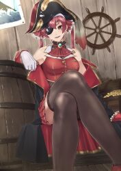 Rule 34 | 1girl, absurdres, arm rest, arrow through heart, ascot, barrel, black coat, black hat, breasts, brown eyes, brown leotard, brown thighhighs, choker, coat, collared jacket, cropped jacket, crossed legs, eyepatch, feet out of frame, foreshortening, frilled choker, frills, gem, gloves, gold trim, hair ribbon, hat, highres, hololive, houshou marine, houshou marine (1st costume), indoors, jacket, large breasts, leotard, leotard under clothes, looking at viewer, mbr90munouk, open mouth, pirate hat, red ascot, red footwear, red hair, red jacket, red ribbon, ribbon, sitting, sleeveless, sleeveless jacket, solo, teeth, thighhighs, twintails, upper teeth only, virtual youtuber, white gloves, wooden floor