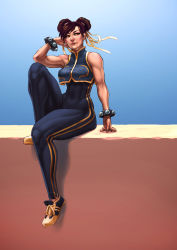 Rule 34 | 1990s (style), 1girl, alternate costume, bodysuit, breasts, brown hair, capcom, chun-li, crop top, crop top overhang, damien dozias, double bun, full body, gold trim, head rest, highres, large breasts, muscular, no socks, retro artstyle, shoes, short hair, sitting, sneakers, solo, spandex, street fighter, street fighter zero (series), studded bracelet, thick thighs, thighs, unitard, wall