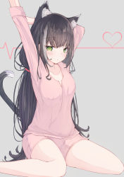 Rule 34 | 1girl, animal ear fluff, animal ears, arms up, black hair, breasts, cardiogram, cat ears, cat girl, cat tail, commentary request, green eyes, grey background, grey hair, hair between eyes, heart, highres, karyl (princess connect!), kei (limitedgirl), long hair, long sleeves, looking at viewer, low twintails, medium breasts, multicolored hair, pink shirt, pink shorts, princess connect!, shirt, short shorts, shorts, sitting, solo, streaked hair, stretching, tail, tail raised, twintails, very long hair, wariza
