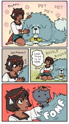 Rule 34 | 1girl, ajna (indivisible), ankle wrap, barefoot, beads, cat, comic, commentary, dog, emlan, english text, highres, indivisible, lanshi (indivisible), mike z&#039;s cat