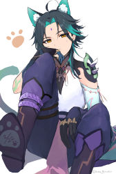 Rule 34 | 1boy, absurdres, animal ear fluff, animal ears, aqua hair, arm tattoo, azna, bead necklace, beads, black hair, cat boy, cat ears, cat tail, closed mouth, facial mark, forehead mark, genshin impact, gloves, gradient hair, highres, jewelry, male focus, multicolored hair, necklace, paw print, simple background, sitting, solo, sweat, tail, tassel, tattoo, twitter username, white background, xiao (genshin impact), yellow eyes