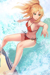 Rule 34 | 1girl, bare shoulders, barefoot, bikini, blonde hair, breasts, collarbone, dolce (dolsuke), fate/grand order, fate (series), green eyes, hair ornament, hair scrunchie, highres, long hair, mordred (fate), mordred (fate) (all), mordred (fate/apocrypha), mordred (swimsuit rider) (fate), mordred (swimsuit rider) (first ascension) (fate), navel, parted bangs, ponytail, prydwen (fate), red bikini, red scrunchie, scrunchie, side-tie bikini bottom, sidelocks, small breasts, surfboard, surfing, swimsuit, waves