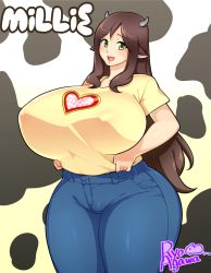 Rule 34 | 1girl, agawa ryou, animal ears, animal print, artist name, blue pants, borrowed character, breasts, brown hair, character name, covered erect nipples, cow ears, cow girl, cow horns, cow print, cowboy shot, denim, green eyes, hip focus, horns, huge breasts, pants, shiny clothes, shirt, simple background, smile, standing, thick thighs, thighs, wide hips, yellow shirt