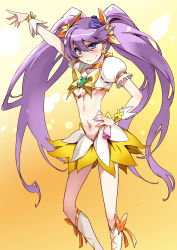 Rule 34 | 1girl, absurdres, blush, boots, bow, brooch, cosplay, cure moonlight, cure sunshine, cure sunshine (cosplay), flower, heart, heart brooch, heartcatch precure!, highres, ishida akira, jewelry, knee boots, long hair, magical girl, midriff, navel, orange bow, precure, purple flower, purple hair, purple rose, rose, skirt, solo, tsukikage yuri, twintails, very long hair, yellow background, yellow bow, yellow skirt