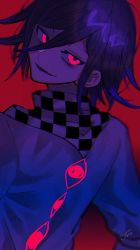 Rule 34 | 1boy, checkered clothes, checkered neckwear, checkered scarf, danganronpa (series), danganronpa v3: killing harmony, from behind, hair between eyes, head tilt, highres, joh pierrot, long sleeves, male focus, open mouth, oma kokichi, pink eyes, purple hair, red background, scarf, signature, simple background, solo, straitjacket, upper body