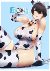 Rule 34 | 1girl, ahoge, animal ears, animal print, arm support, bare shoulders, bell, blueorca, blush, bottle, breasts, brown eyes, brown hair, collarbone, cow ears, cow girl, cow horns, cow print, cow tail, cowbell, elbow gloves, eyelashes, gloves, hair between eyes, half-closed eyes, highres, holding, horns, huge breasts, knee up, large breasts, looking at viewer, milk, milk bottle, milk carton, mole, mole on breast, mole under eye, neck bell, original, parted lips, reclining, short hair, sideboob, smile, solo, tail, wet apron, white gloves