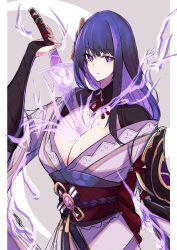 Rule 34 | 1girl, absurdres, braid, breasts, bridal gauntlets, cleavage, drawing sword, electricity, genshin impact, hair ornament, highres, holding, holding sword, holding weapon, japanese clothes, katana, kimono, large breasts, long hair, long sleeves, looking at viewer, low-braided long hair, low-tied long hair, mole, mole under eye, musou isshin (genshin impact), nanakaku, obi, off shoulder, purple eyes, purple hair, purple kimono, raiden shogun, sash, shrug (clothing), solo, sword, sword between breasts, very long hair, weapon, wide sleeves