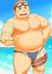 Rule 34 | 1boy, abs, bara, beach, belly, blue male swimwear, blush, body markings, bulge, fat, fat man, feet out of frame, goggles, goggles on head, hammer, harness, highres, kajiya kurogane, large pectorals, leather, male focus, male swimwear, muscular, muscular male, navel, nipples, nol, outstretched hand, pectorals, reaching, reaching towards viewer, short hair, sideburns, smile, solo, stomach, swim briefs, thick eyebrows, thick thighs, thighs, tokyo houkago summoners, topless male