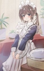 Rule 34 | 1girl, apron, black dress, black ribbon, blush, bow, brown eyes, brown hair, closed mouth, collared dress, commentary request, dress, frilled apron, frills, hair between eyes, hair ribbon, highres, holding, holding tray, indoors, long sleeves, maid, maid apron, maid headdress, original, ribbon, sha2mo, smile, solo, tray, twintails, white apron, white bow