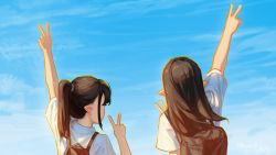 Rule 34 | 2girls, absurdres, arm up, backpack, bag, black hair, chinese commentary, commentary request, from behind, highres, hua ming wink, long hair, multiple girls, original, outdoors, pointy ears, ponytail, scenery, school uniform, shirt, upper body, v, white shirt
