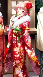 Rule 34 | 1girl, ;d, blush, day, doukyuusei another world, floral print, flower, fur-trimmed kimono, fur trim, game cg, hair flower, hair ornament, holding, japanese clothes, kimono, kishimoto sae, long sleeves, mole, mole under eye, obi, official art, one eye closed, open mouth, outdoors, pink hair, print kimono, red flower, red kimono, sash, short hair, smile, solo focus, wide sleeves, yellow eyes, yukata