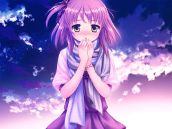 Rule 34 | 1girl, bad id, bad pixiv id, blush, bracelet, cloud, cloudy sky, hair ribbon, jewelry, looking at viewer, night, night sky, one side up, original, purple hair, ribbon, scarf, short sleeves, sky, solo, star (sky), starry sky, touto seiro