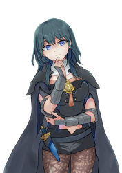 Rule 34 | 1girl, ahoge, arka, arm up, armor, black cape, black pantyhose, black shorts, blue eyes, blush, bracelet, breasts, byleth (fire emblem), cape, closed mouth, collarbone, fire emblem, fire emblem: three houses, hair between eyes, jewelry, large breasts, long sleeves, nintendo, pantyhose, short hair, short shorts, shorts, simple background, skirt, solo, standing, white background