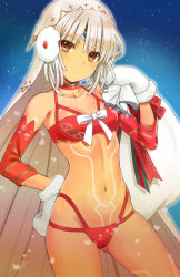 Rule 34 | 1girl, altera (fate), altera the santa (fate), bare shoulders, bikini, blue background, blush, breasts, choker, closed mouth, collarbone, contrapposto, cowboy shot, dark-skinned female, dark skin, dated, detached sleeves, fate/grand order, fate (series), forehead protector, fur trim, gluteal fold, gradient background, hand on own hip, head tilt, light particles, long sleeves, looking at viewer, mittens, navel, over shoulder, red bikini, red choker, red eyes, sack, seiru (prairie), short hair, signature, silver hair, small breasts, solo, standing, stomach, swimsuit, tattoo, thighs, veil, white mittens
