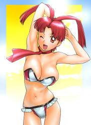 Rule 34 | 1990s (style), 1girl, ;d, antenna hair, armpits, arms behind head, arms up, bandeau, bare shoulders, bikini, blunt bangs, bra, breasts, brown eyes, cleavage, cloud, frilled bikini, frills, gradient background, large breasts, leaning, lingerie, long hair, looking at viewer, narrow waist, navel, one eye closed, open mouth, outdoors, own hands together, parted bangs, red eyes, red hair, retro artstyle, scarf, short hair, sideboob, sky, smile, solo, standing, sun, sunset, swimsuit, ueyama michirou, underwear, utsugi mikoto, white bikini, wink, yuusha ou gaogaigar, yuusha series