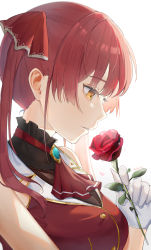 Rule 34 | 1girl, absurdres, ascot, breasts, commentary request, dress, face, flower, from side, gloves, gurina, hair ribbon, highres, holding, holding flower, hololive, houshou marine, large breasts, long hair, parted lips, profile, red ascot, red dress, red hair, red ribbon, ribbon, rose, simple background, sleeveless, sleeveless dress, solo, twintails, virtual youtuber, white background, white gloves, yellow eyes