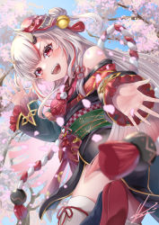 Rule 34 | 1girl, :d, bell, black kimono, cherry blossoms, cherry tree, double bun, falling petals, fang, flower knot, from below, hair bell, hair bun, hair ornament, hand up, head tilt, highres, hololive, horns, japanese clothes, kimono, looking at viewer, mask, mask on head, multicolored hair, nakiri ayame, nakiri ayame (1st costume), obi, off shoulder, oni mask, open mouth, petals, reaching, reaching towards viewer, red eyes, red hair, red mask, red shirt, sash, shirt, short kimono, signature, silver hair, skin-covered horns, smile, solo, standing, standing on one leg, streaked hair, thighhighs, virtual youtuber, white thighhighs, yam (yam6056)