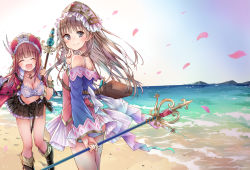 Rule 34 | 2girls, :d, ^ ^, alt (ctrldel), atelier (series), atelier totori, bag, bangle, bare shoulders, beach, black skirt, blush, boots, bracelet, breasts, brown eyes, brown hair, clenched hand, closed eyes, closed mouth, collarbone, day, closed eyes, footprints, hat, head tilt, headdress, highres, holding, holding staff, jewelry, leaning forward, long hair, looking at viewer, looking back, medium breasts, multiple girls, necklace, open mouth, outdoors, petals, pleated skirt, rororina fryxell, skirt, sky, smile, sparkle, staff, totooria helmold, very long hair, water, wind