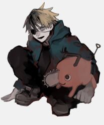 Rule 34 | 1boy, black pants, black shirt, blonde hair, blood, blood on clothes, blue hoodie, chainsaw, chainsaw man, denji (chainsaw man), eyepatch, hand on floor, highres, hood, hoodie, looking at viewer, looking to the side, nakano (2 mannaka), open mouth, pants, pochita (chainsaw man), shirt, short hair, simple background, sitting, white background, yellow eyes