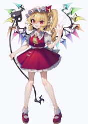 Rule 34 | 1girl, ascot, blonde hair, blush, collared shirt, crystal, dated, fangs, fingernails, flandre scarlet, frilled shirt collar, frilled skirt, frills, full body, gunjou row, hair between eyes, hat, highres, laevatein (touhou), long fingernails, long hair, looking at viewer, mob cap, nail polish, one side up, open mouth, pointy ears, puffy short sleeves, puffy sleeves, red eyes, red footwear, red nails, red skirt, red vest, sharp fingernails, shirt, shoes, short sleeves, signature, simple background, skirt, slit pupils, smile, socks, solo, touhou, twitter username, vest, white background, white hat, white shirt, white socks, wings, yellow ascot