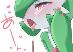 Rule 34 | 1girl, blush, bob cut, bright pupils, colored skin, creatures (company), drooling, female focus, flat chest, food, game freak, gardevoir, gen 3 pokemon, green hair, green skin, half-closed eyes, hand up, highres, japanese text, looking at viewer, m3 (gardevoir m3), multicolored skin, nintendo, nose blush, open mouth, pocky, pocky kiss, pokemon, pokemon (creature), pov, red eyes, saliva, saliva trail, shared food, short hair, simple background, solo, tongue, tongue out, translated, two-tone skin, upper body, white background, white pupils, white skin