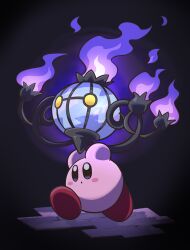 Rule 34 | black background, black eyes, blush, blush stickers, chandelier, chandelure, closed mouth, commentary request, creatures (company), fire, full body, game freak, gen 5 pokemon, highres, holding, holding pokemon, kirby, kirby (series), nintendo, no humans, pokemon, pokemon (creature), poyo party, purple fire, running, yellow eyes