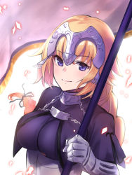 Rule 34 | 1girl, banner, black ribbon, blonde hair, blush, braid, breasts, capelet, chain, closed mouth, corset, fate/apocrypha, fate (series), floating hair, gauntlets, glowing, hair ribbon, headpiece, highres, jeanne d&#039;arc (fate), jeanne d&#039;arc (ruler) (fate), long hair, looking at viewer, medium breasts, purple eyes, renzu (lens 02), ribbon, simple background, single braid, smile, solo, tareme, underbust, upper body, very long hair, white background