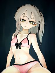 Rule 34 | 10s, 1girl, bikini, black background, black ribbon, bow, bow bra, bra, breasts, bright pupils, brown eyes, commentary, eyelashes, girls und panzer, hair ribbon, head tilt, highres, light brown hair, light frown, long hair, looking at viewer, navel, parted lips, pink bikini, ribbon, shimada arisu, side ponytail, simple background, sitting, small breasts, solo, susumu, swimsuit, underwear, white pupils