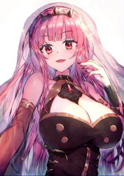 Rule 34 | 1girl, blunt bangs, breasts, cleavage, detached sleeves, hand up, hololive, hololive english, large breasts, long hair, looking at viewer, mori calliope, mori calliope (1st costume), nail polish, open mouth, pink hair, red eyes, redcomet, simple background, smile, solo, tiara, upper body, veil, virtual youtuber, white background