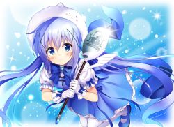 Rule 34 | 1girl, adapted costume, alternate hairstyle, animal hat, bad id, bad twitter id, blue background, blue bow, blue bowtie, blue dress, blue eyes, blue footwear, blue hair, blush, bow, bowtie, brooch, character hat, closed mouth, commentary request, dress, frilled dress, frills, full body, gloves, gochuumon wa usagi desu ka?, hair between eyes, hair ornament, hairclip, hat, highres, holding, jewelry, kafuu chino, light blue hair, long hair, looking at viewer, mary janes, pantyhose, pasdar, puffy short sleeves, puffy sleeves, rabbit hat, shirt, shoes, short sleeves, sidelocks, smile, solo, spoon, staff, tippy (gochiusa), twintails, undershirt, white gloves, white hat, white pantyhose, white shirt, x hair ornament