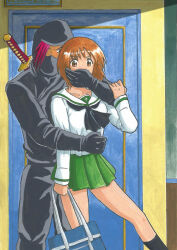 Rule 34 | 1boy, 1girl, abduction, breasts, brown eyes, brown hair, collarbone, covering own mouth, gagged, girls und panzer, grabbing, grabbing from behind, green skirt, hand gagged, hand over another&#039;s mouth, hand over another's mouth, katana, kidnapping, kurara-shikaze, legs, medium breasts, ninja, nishizumi miho, purple hair, school uniform, skirt, socks, struggling, surprised, sword, thighhighs, thighs, weapon, zettai ryouiki