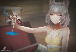 Rule 34 | 1girl, :3, absurdres, animal ears, blurry, blurry background, cat ears, character doll, chest jewel, doll, ear covers, facial mark, figure, grey hair, highres, holding, holding doll, looking at viewer, meme, nia (blade) (xenoblade), nia (fancy sundress) (xenoblade), nia (xenoblade), parody, solo, sousou no frieren, upper body, whisker markings, xenoblade chronicles (series), xenoblade chronicles 2, xenoblade chronicles 3, yellow eyes, you can just give this kind of thing to men and they will be thrilled (meme), zambonito
