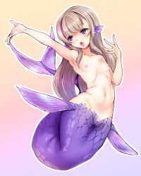 Rule 34 | 1girl, armpits, blunt bangs, breasts, brown hair, cleft of venus, collarbone, commentary request, completely nude, fins, full body, gradient background, harigane shinshi, head fins, highres, long hair, looking away, looking to the side, mermaid, monster girl, navel, nipples, nude, open mouth, orange background, original, outstretched arm, outstretched hand, pink background, purple background, purple eyes, pussy, pussy peek, sidelocks, small breasts, solo, stomach, straight hair