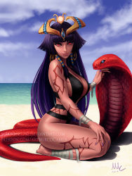Rule 34 | 1girl, anklet, bandages, bare shoulders, barefoot, beach, blue eyes, body markings, breasts, cleavage, cracked skin, crown, dark-skinned female, dark skin, day, egyptian, feet, female focus, glowing markings, gold, hair tubes, highres, jewelry, large breasts, long hair, looking at viewer, lots of jewelry, monster girl, monster girl encyclopedia, monster girl encyclopedia ii, mummy, nail polish, navel, necktie, ocean, pharaoh, pharaoh (monster girl encyclopedia), purple hair, red eyes, revealing clothes, sciamano240, sitting, snake, solo, swimsuit, undead