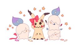 Rule 34 | animal ears, bow, candy, closed mouth, commentary, crayon, creature, creatures (company), ear ribbon, english commentary, fire, fire, flower, food, full body, game freak, gen 5 pokemon, gen 7 pokemon, holding, holding crayon, jaho, litwick, looking at another, looking at viewer, mimikyu, nintendo, no humans, on head, pokemon, pokemon (creature), pokemon on head, purple fire, red ribbon, ribbon, simple background, smile, star (symbol), sweat, tongue, tongue out, white background