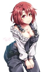 Rule 34 | 1girl, belt, black belt, black overalls, breasts, cleavage, closed mouth, collarbone, cow girl (goblin slayer!), cowboy shot, frilled shirt, frills, goblin slayer!, grey shirt, highres, kankitukou, large breasts, long sleeves, looking at viewer, overalls, pants, red hair, shirt, short hair, smile, solo