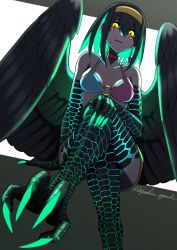 Rule 34 | 1girl, :3, absurdres, animal feet, animal hands, bird girl, bird wings, bra, choker, claws, collar, crossed legs, earrings, glowing, glowing eyes, glowing hair, green hair, hand on own knee, harpy, headband, highres, jewelry, looking at viewer, looking down, monster girl, original, scales, shorts, signature, sitting, slit pupils, solo, talons, toipokun oyashi, underwear, wings, yellow eyes, yellow shorts