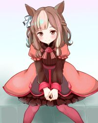 Rule 34 | 1girl, animal ears, blush, brown eyes, brown hair, character request, check character, closed mouth, dress, gradient background, hair ornament, hair ribbon, horse ears, horse girl, long hair, looking at viewer, multicolored hair, red dress, red thighhighs, ribbon, saburouta (hox-666), silt pad, sitting, smile, solo, thighhighs, two-tone hair, umamusume, white background