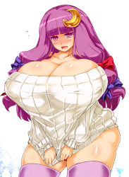 Rule 34 | 1girl, bare shoulders, bow, breasts, cleavage, clothes tug, collarbone, crescent, dress, embarrassed, fat, gigantic breasts, hair bow, huge breasts, long hair, no headwear, no headwear, off-shoulder, off-shoulder sweater, off shoulder, patchouli knowledge, plump, purple eyes, purple hair, purple thighhighs, ribbed sweater, sentarou, solo, sweater, sweater dress, sweater tug, thick thighs, thighhighs, thighs, third-party edit, touhou