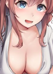 Rule 34 | 1girl, blue eyes, blush, breasts, brown hair, cleavage, downblouse, hair between eyes, highres, kantai collection, kiritto, large breasts, long hair, looking at viewer, open mouth, saratoga (kancolle), shirt, side ponytail, simple background, solo, white background, white shirt